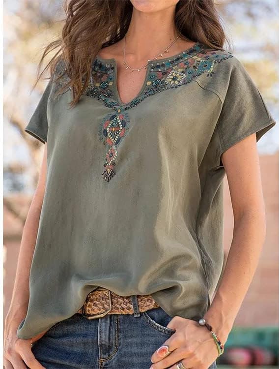 Womens Embroidered Top Blouses Casual Peasant Shirts Short Sleeve Floral Printed Bohemian Tshirts