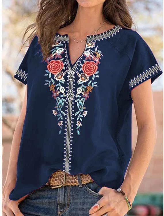 Womens Embroidered Top Blouses Casual Peasant Shirts Short Sleeve Floral Printed Bohemian Tshirts