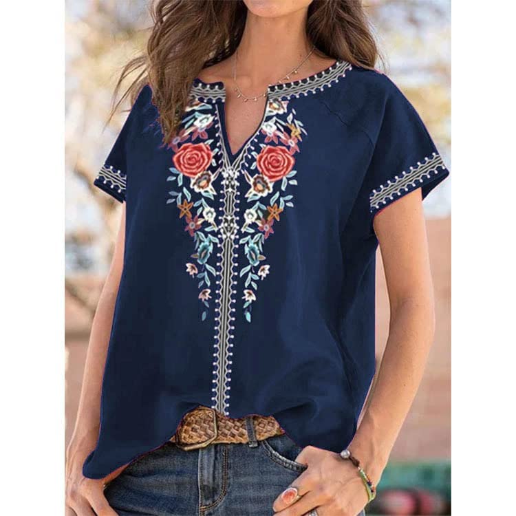 Womens Embroidered Top Blouses Casual Peasant Shirts Short Sleeve Floral Printed Bohemian Tshirts