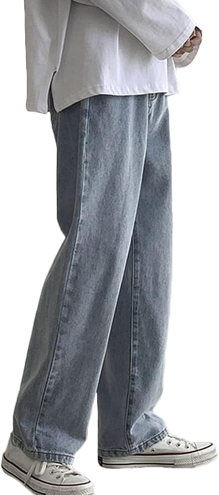 Rexcyril Men's Loose Fit Straight Leg Denim Jeans Baggy Wide Leg Plain Pants Trousers