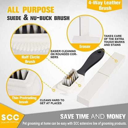 Professional Suede Shoe Cleaner Kit, Suede & Nubuck 4-Way Brush with Extra 2 Erasers for Shoes & Boots. Suede & Nubuck Cleaning Essential Kit for Napped Leather Coats, Furniture, Seats, Sneakers