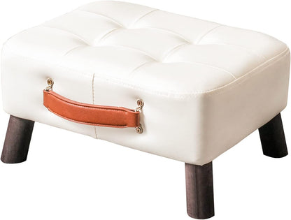 Small foot stool ottoman, Beige PU leather rectangle ottoman footrest, bedside step stool with wood legs, small Rectangular stool, foot rest for couch, small ottoman for desk, living room, bedroom