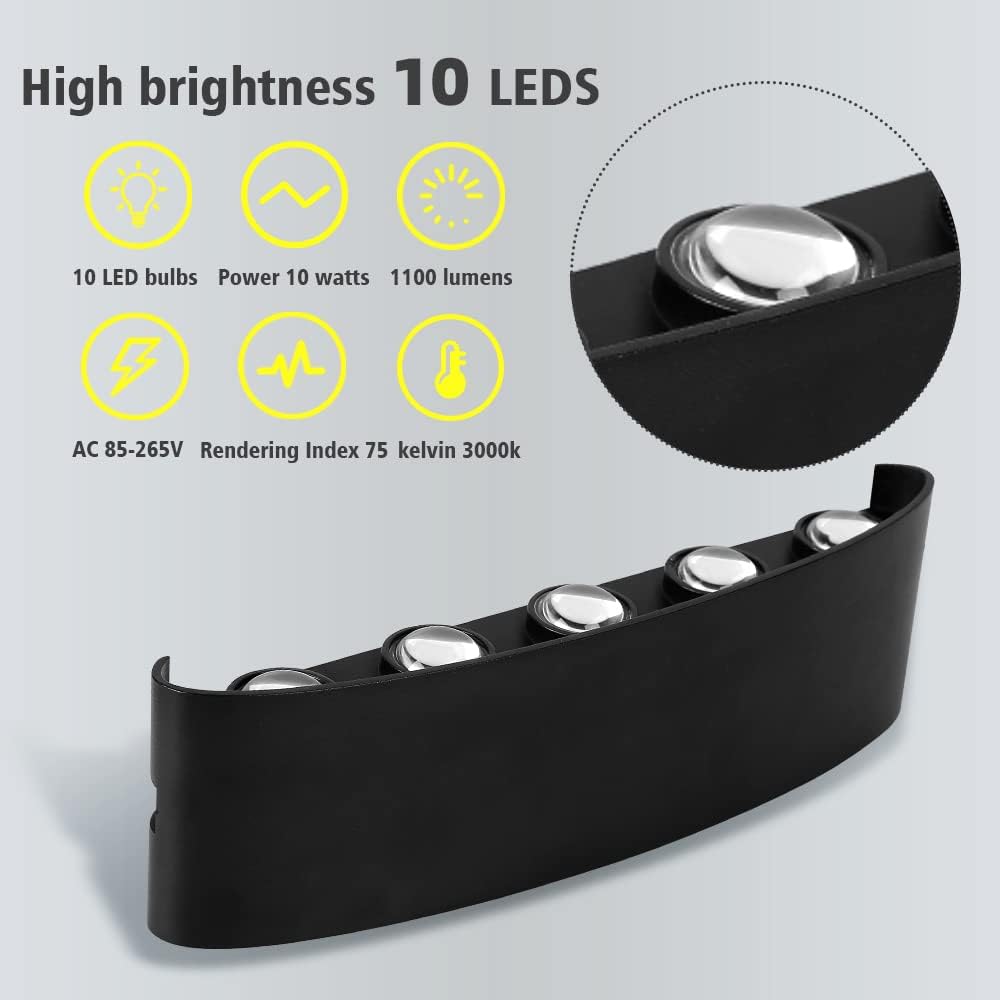 CANMEIJIA Up and Down Lights Outdoor,3000K 10W IP65 Waterproof Up and Down Wall Lights Black Outdoor Wall Lights,LED Wall Light Bathroom Wall Light Aluminium for Garden,Bedroom,Hallway,Stairs