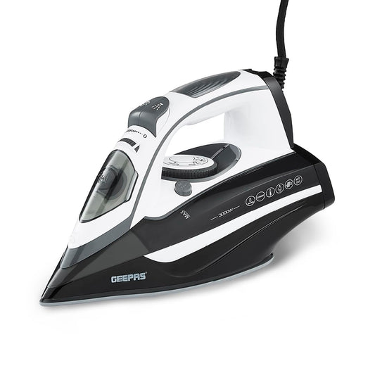 Geepas Ceramic Steam Iron, Temperature Control, Gsi24025 Ceramic Sole Plate, Wet And Dry Self Cleaning Function Powerful Steam Burst 400ML Water Tank 2 Years Warranty, Brown, 3000W