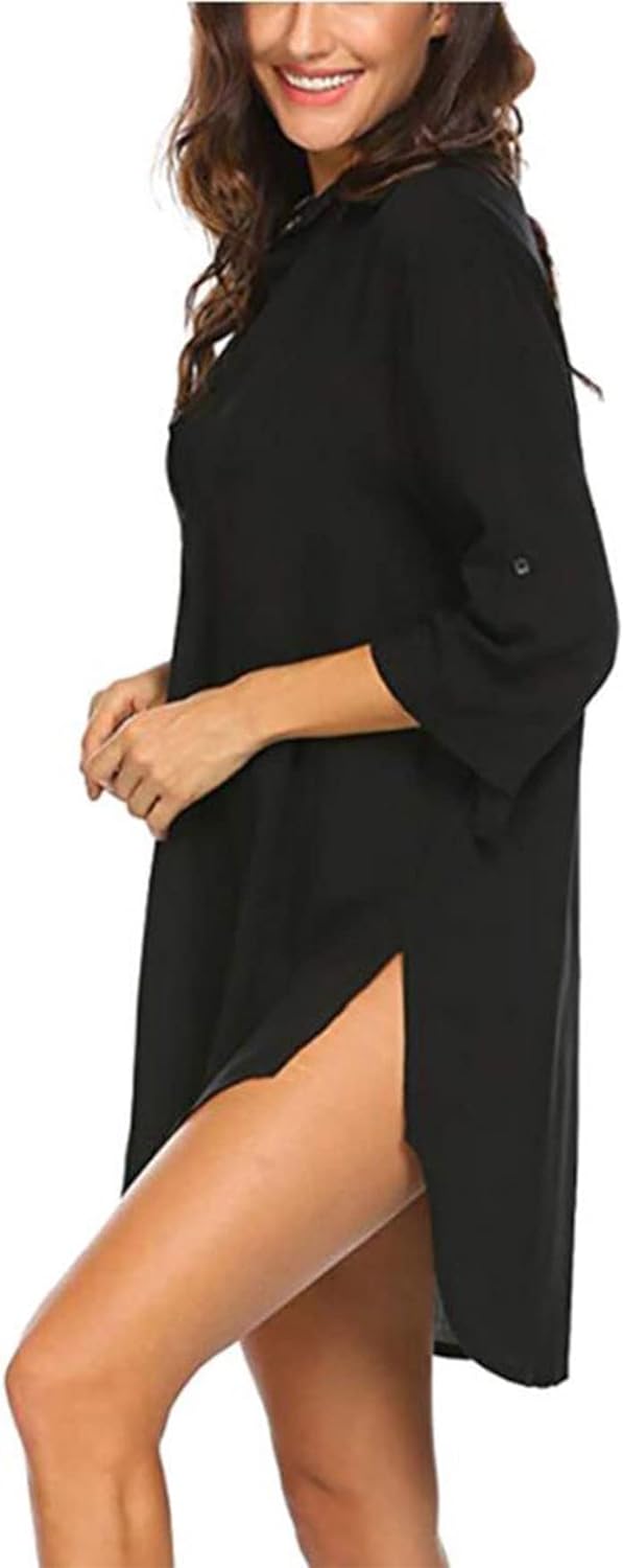 Women Plus Size Swimsuit Cover Up Shirt Deep V Neck Bikini Cover Up Solid Beach Dress