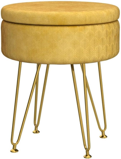 Cpintltr Footrest Footstools Round Velvet Ottoman with Storage Space Soft Vanity Chair with Memory Foam Seat Small Side Table Hallway Step Stool 4 Gold Metal Legs with Adjustable Footings Champagne