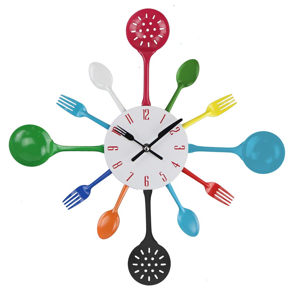 Timelike Wall Clock, 16" Metal Kitchen Cutlery Utensil Spoon Fork Wall Clock Creative Modern Home Decor Antique Style Wall Watch (Black)