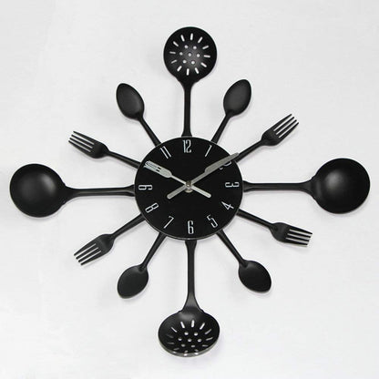 Timelike Wall Clock, 16" Metal Kitchen Cutlery Utensil Spoon Fork Wall Clock Creative Modern Home Decor Antique Style Wall Watch (Black)