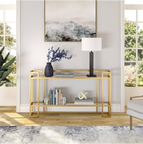 HOMETASTE Glass Console Table Metal Console Table with Dual Clear Glass Shelve Entryway Table Narrow Modern Console Table TV Stand Dressing Table Stand Modern Hallway Table (Golden)