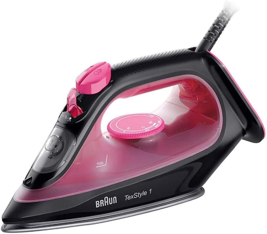 Braun TexStyle 1 Lightest Steam Iron with Turbo Mode 2000 Watts, Super Ceramic, Auto-Off, SI 1070 Pink/Black, S900098