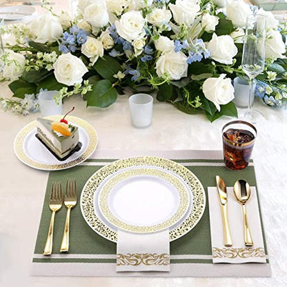 ALISSA 175 Piece Gold Dinnerware Set 25 Guest-50 Gold Lace Plastic Plates-25 Gold Plastic Silverware-25 Gold Plastic Cups-25 Linen Like Gold Paper Napkins