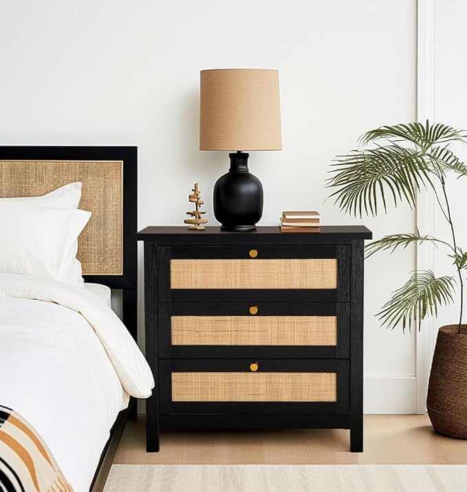 Hallowood Furniture Newquay Black Chest with 3 Wooden Drawers & Rattan Front, Small Chest of Drawers, Bedside Drawers, Hallway & Bedroom Storage Unit, Living Room Cabinets