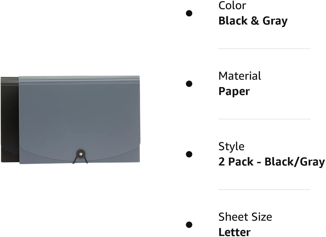 Amazon Basics Expanding Organizer File Folder, Letter Size - Black & Gray, 2-Pack