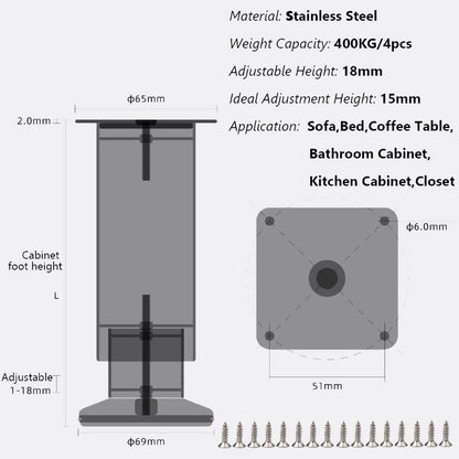 ZZZWL Stainless Steel Furniture Legs,4 Pack Adjustable Heavy Duty Table Sofa Cabinet Leg,Coffee Table TV Cabinet Couch Kitchen Replacement Stand Feet (5.9in)