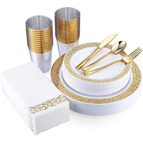 ALISSA 175 Piece Gold Dinnerware Set 25 Guest-50 Gold Lace Plastic Plates-25 Gold Plastic Silverware-25 Gold Plastic Cups-25 Linen Like Gold Paper Napkins