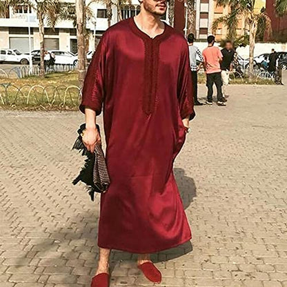 Men Dress Embroidery Long Gown Thobe Robe Short Sleeve Sleepwear Nightshirt