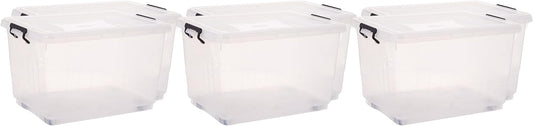 Cosmoplast 55L Clear Plastic Storage Box with Wheels & Lockable Lid Set of 6