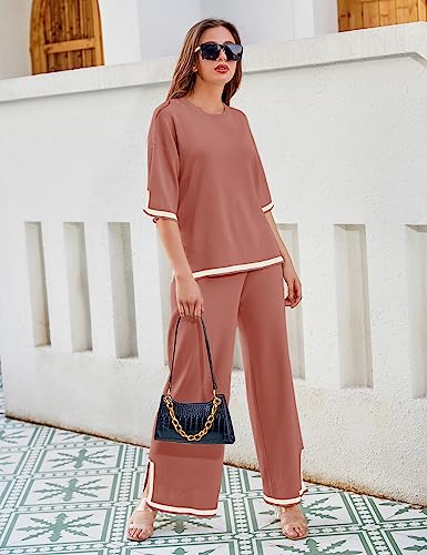 Faleave Womens Knit 2 Piece Sweater Sets Short Sleeve Pullover Tops Elastic Waist Wide Leg Pants Lounge Set