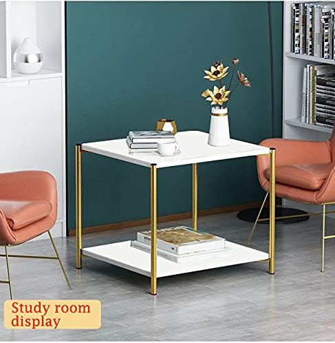 Coffee Tables for Living Room, Double-Layered Square End Side Tables Sofa Table, Modern Marble Nesting Table with Metal Frame Legs Set of 2 (White+square+Golden frame)