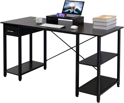 Chulovs 55" Office Desk, Computer Desk with Drawers Study Writing Desks for Home with 2 Storage Shelves, Desks Workstations for Home Office Bedroom (Black)