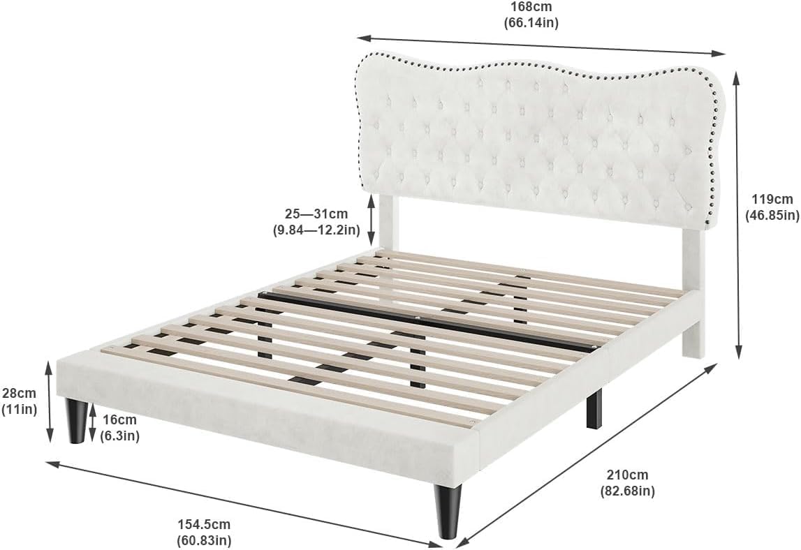 Solerconm Queen Size Bed Frame, Suede Fabric Upholstered Platform Bed Frame with Adjustable Headboard, Wooden Slats Support, No Box Spring Needed, Modern Style (Beige, 155 x 205 x 118 CM)