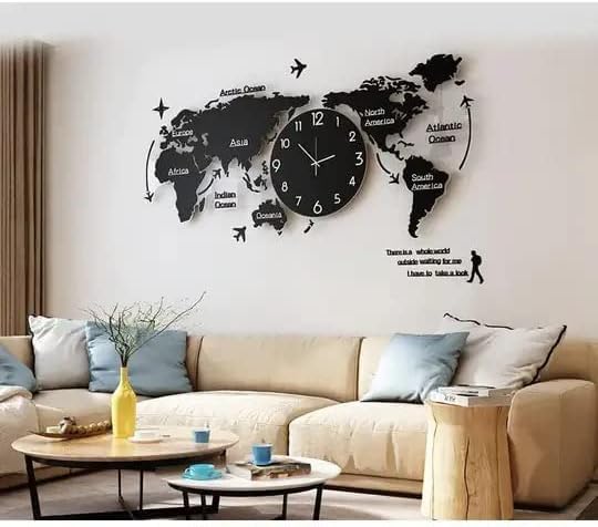 Modern World Map Digital Hanging Ultra Quiet Acrylic Wall clock Size 156 x 96 cm