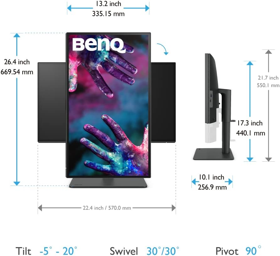 BenQ PD3205UA 32-inch Ergo Arm 4K Monitor, UHD, sRGB, Rec.709, HDR10, IPS, AQCOLOR Technology, USB-C, Factory-Calibrated, Hotkey Puck G2, KVM, Color Mode, DualView