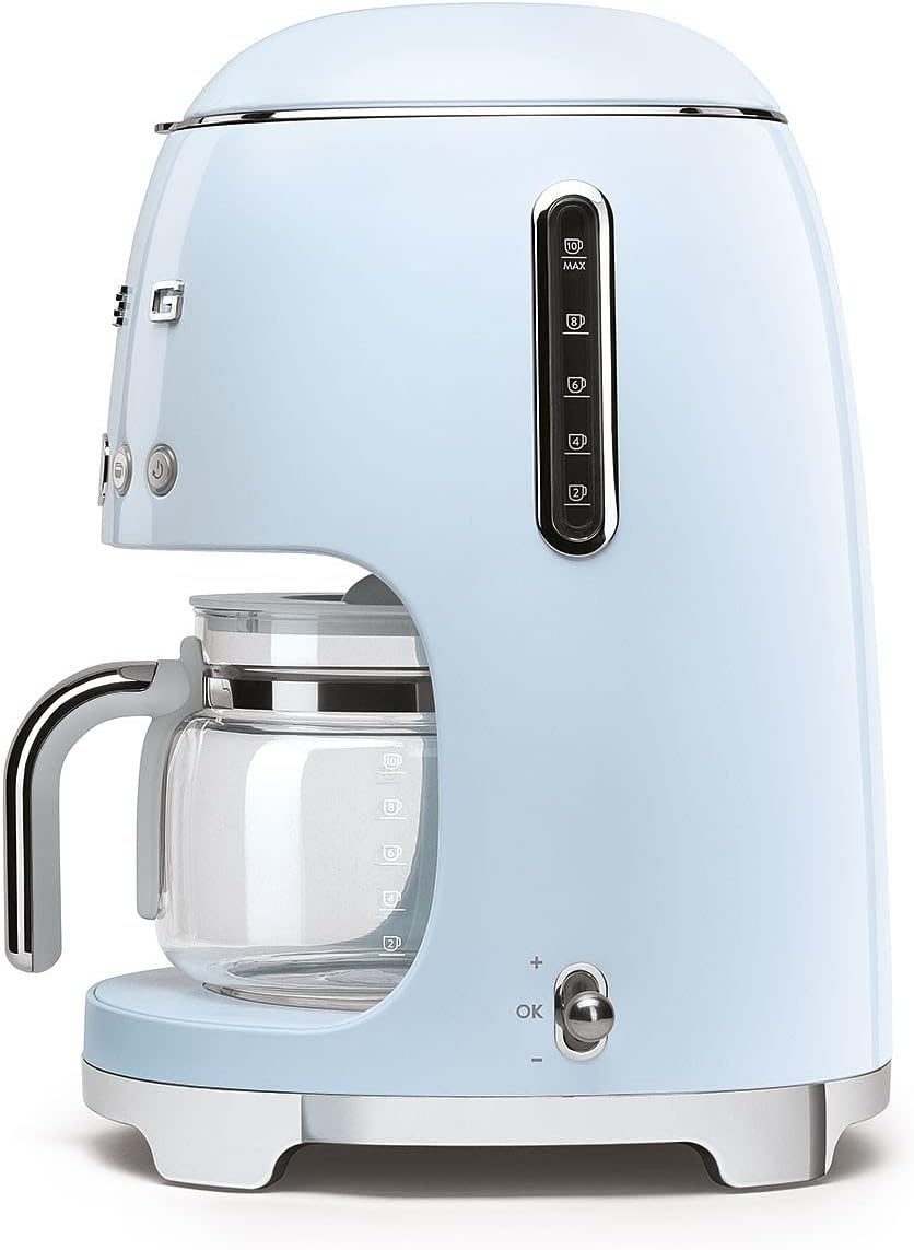 Smeg DCF02PBUK, 50'S Retro Style Drip Filter Coffee Machine, 10 Cup Capacity with Aroma Intensity Function, Water Hardness Adjustment&1.4 L Tank, Reuseable Coffee Filter, Pastel Blue, 1 Year Warranty