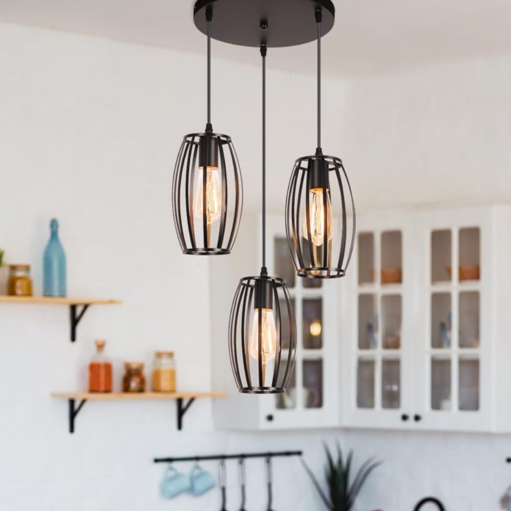 HUA QIANG WANG Industrial Pendant Light Fixture, 3-Light Vintage Black Ceiling Lamp, Adjustable Height Hanging Chandelier Lighting for Kitchen Island Living Room Dining Room Bedroom