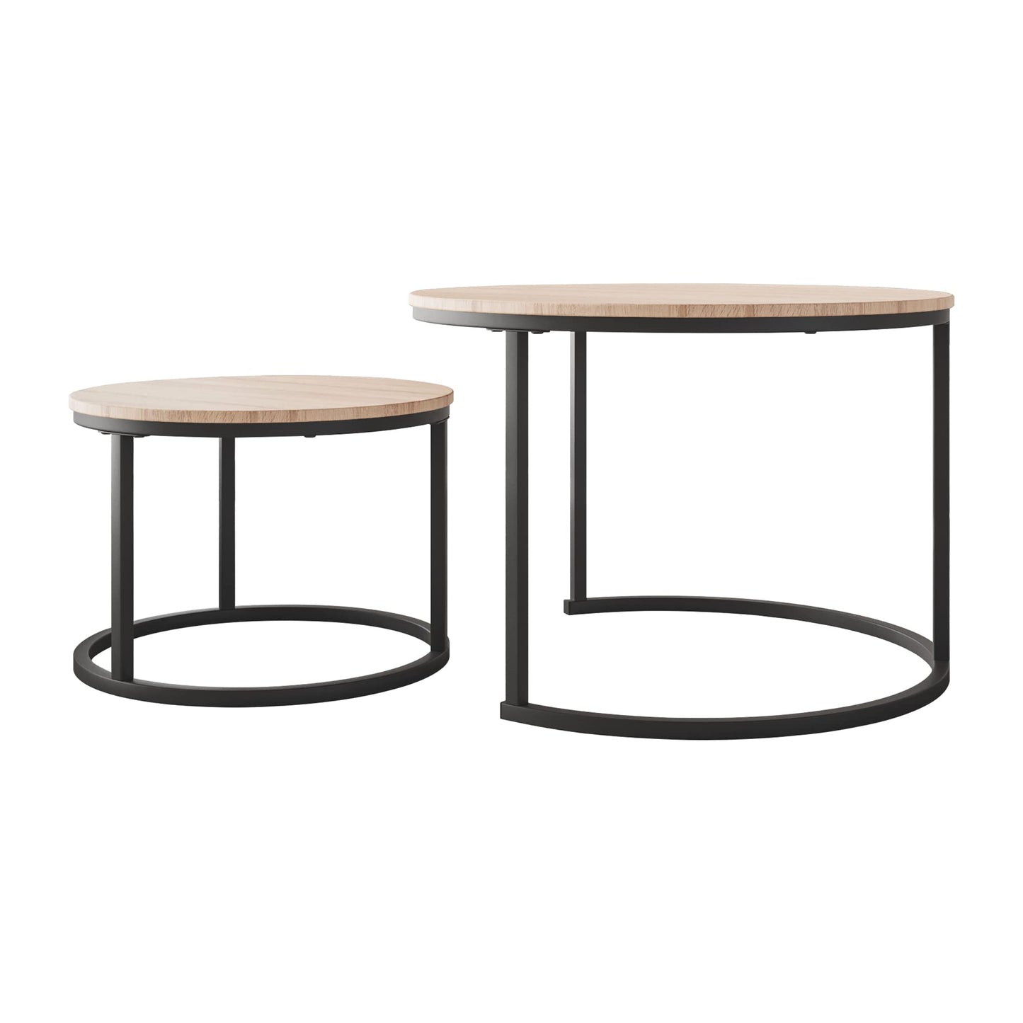 FOUBAM Round Coffee Tables for Living Room Furniture Wood Nesting Coffee Table Set of 2 Stacking Side Tea Table for Small Spaces Balcony Office, Stable Metal Frame,Easy Assembly(Black+Natural Oak)