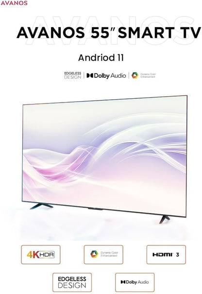 AVANOS LED Smart TV,55 Inch, 4K UHD Android 11.0, T2S2, A+ Screen, WiFi, Dolby Vision, Netflix, YouTube, Prime Video, HDMI, USB (EDGELESS FRAME) (55)