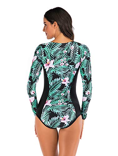 Maeau Women's Long Sleeve Rash Guard UV Protection Zipper Printed Surfing One Piece Swimsuit Bathing Suit