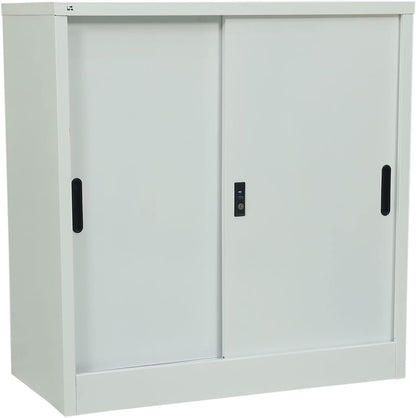 RIGID Steel Sliding Door Cupboard Low Hight Steel Filing Cabinet with Shelves Storage (White)