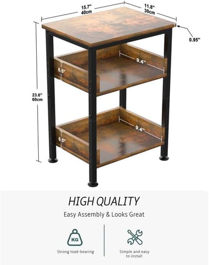 NOAEOU End Table, 3 Tier Night Stand, Nightstand, 3 Tier Roller Kitchen Utility cart, Rustic Brown