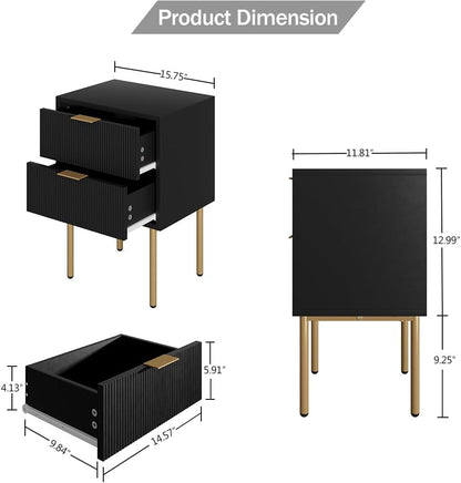 Aobafuir Nightstand, 2 Drawer Dresser for Bedroom, Small Side Table with 2 Drawers, Bedside Furniture, Night Stand, End Table with Gold Frame for Bedroom, Living Room, White Stripe