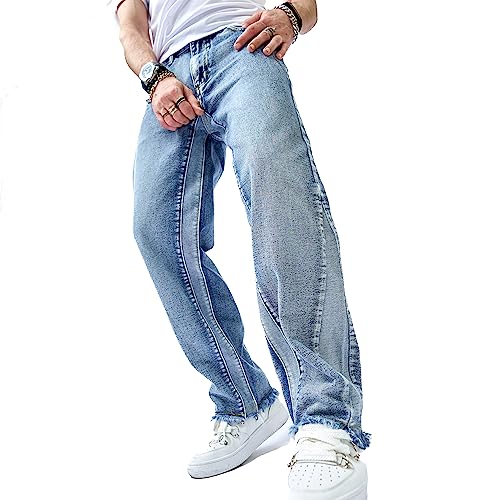 WEIBUMAOYI Men's Loose Fit Pants Relaxed-Fit Men Jeans Washed Oversize Straight Leg Carpenter Jean