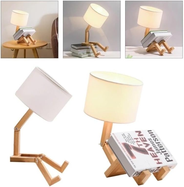 Hand-made Adjustable Robot Shape Desk Lamp, Kids Bedroom Light, Nordic Design, Wooden Materials, Bulb not Included