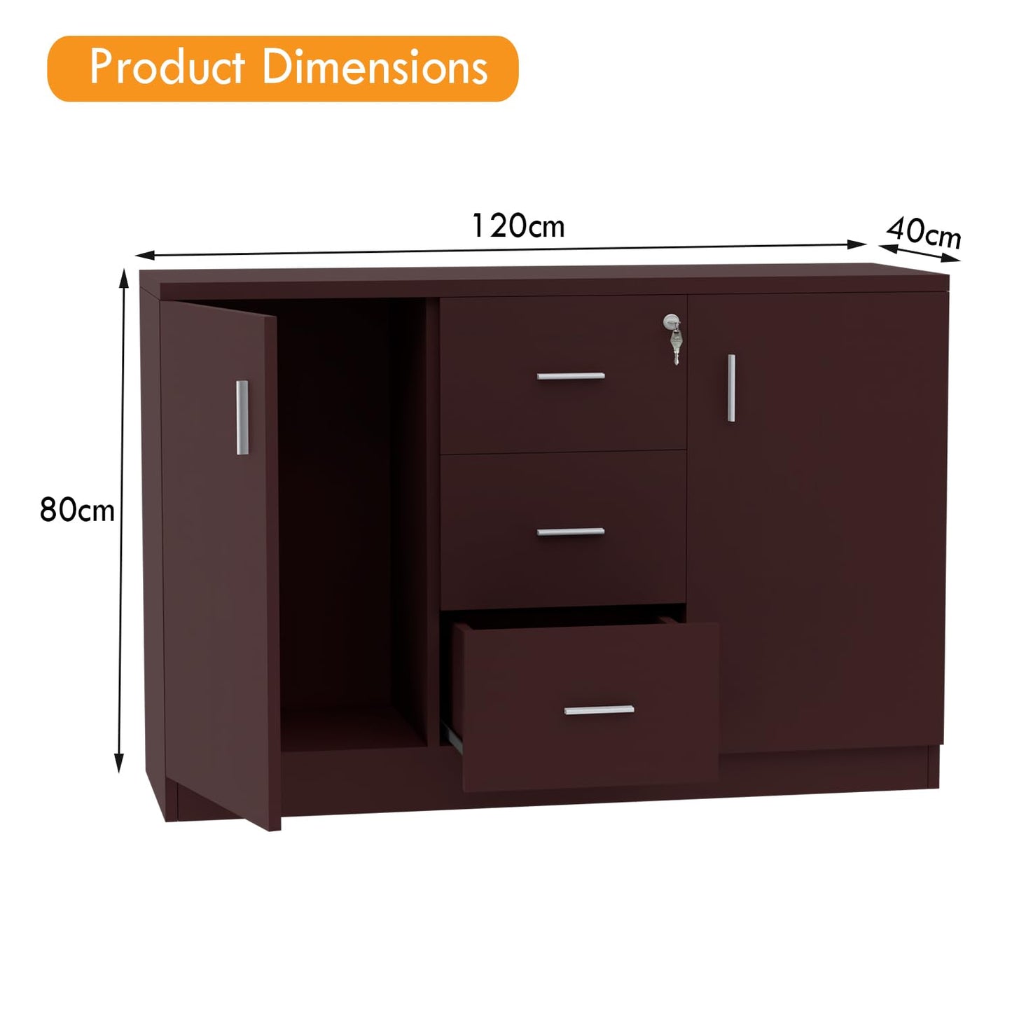 Mahmayi Melamine On MDF 1147 Apple Cherry 3 Drawer File Credenza Cabinet, Wood Organizer Storage Shelves with Lock and Keys, Home Office Furniture Files Cabinet with Shelves and Drawers