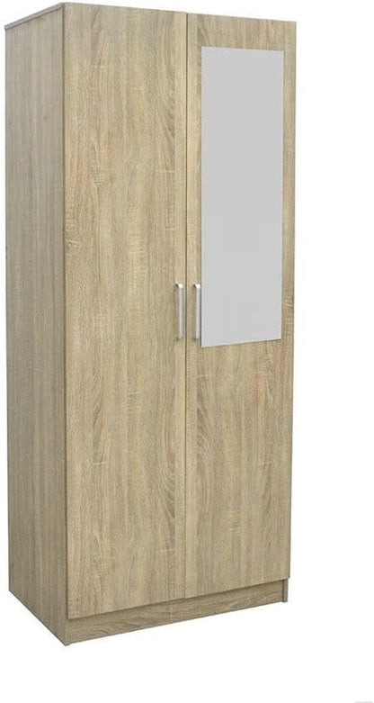 Danube Home Supreme 2 Door Wardrobe With Mirror | Extra Sturdy Closet, Clothes Storage Cupboard | Modern Design Space Saving Swing Door Cabinet For Bedroom L80xW52xH190cm - French Sonoma Oak