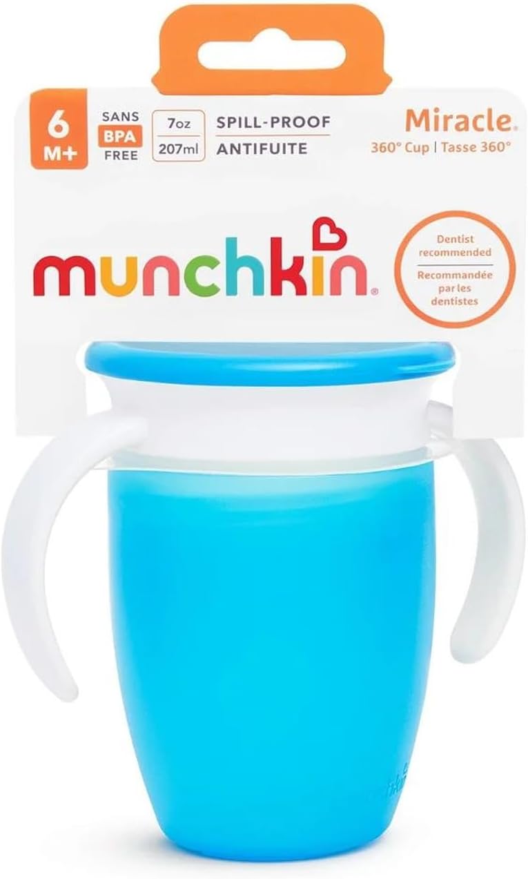 Munchkin 360° Trainer cup, Spill proof and leak proof cup with handle for infant/baby boys and girls, comes with lid, 7oz Capacity, 6 Months and above, Blue