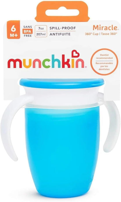 Munchkin 360° Trainer cup, Spill proof and leak proof cup with handle for infant/baby boys and girls, comes with lid, 7oz Capacity, 6 Months and above, Blue