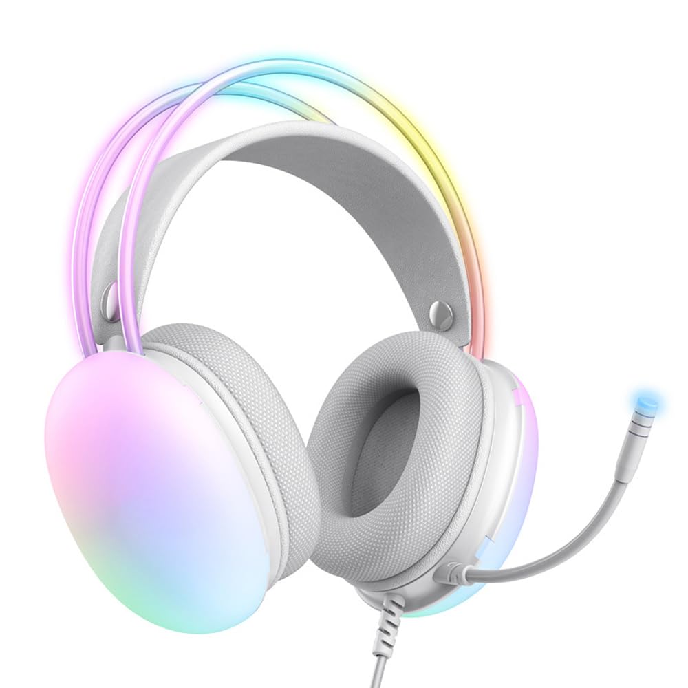 USB Gaming Headset with Mic for PC, RGB Rainbow Backlit Headphone, Virtual 7.1 Surround Sound, 50mm Driver, Soft Memory Earmuffs, Wired Laptop Desktop Computer Headset