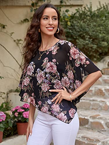 GORGLITTER Women's Sheer Floral Print Flowy Half Sleeve Asymmetrical Hem Boho Blouse Top