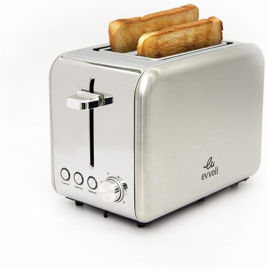 evvoli 2 Slice Toaster With 6 settings Stainless steel Removable Crumb Tray EVKA-TO7HS, Silver