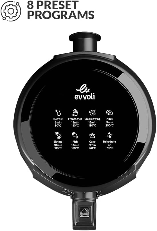 evvoli Air Fryer 4 Litres with Timer Temperature Adjustable Control and 8 Preset Programs 1500W, EVKA-AF4001BS Black