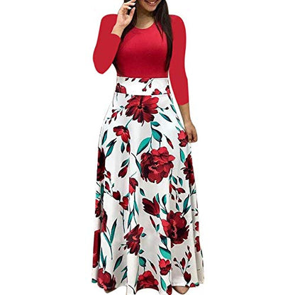 Fankle Women's Dress Bohemian Polka Dots Floral Print Maxi Dress O-Neck Long Sleeve A-Line High Waist Long Beach Dresses Casual Sundress