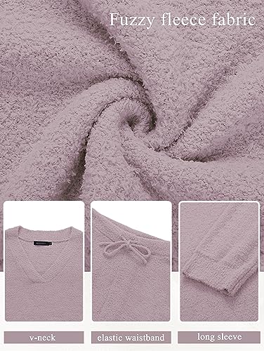 MEROKEETY Women's 2 Piece Outfits Fuzzy Fleece Pajama Set Long Sleeve Top Wide Leg Pants Loungewear