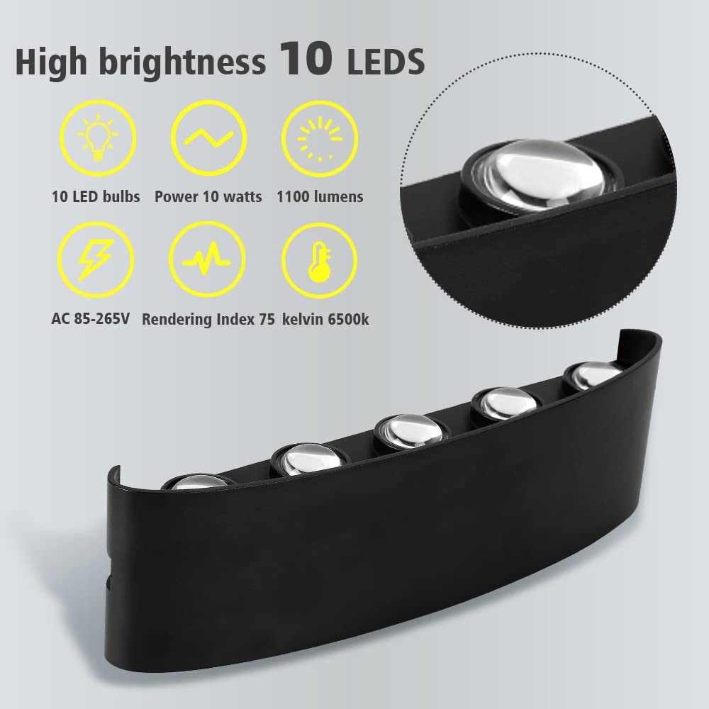 CANMEIJIA Up and Down Lights Outdoor,3000K 10W IP65 Waterproof Up and Down Wall Lights Black Outdoor Wall Lights,LED Wall Light Bathroom Wall Light Aluminium for Garden,Bedroom,Hallway,Stairs