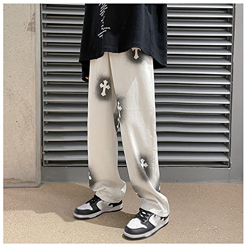 Men Jeans Baggy Straight Relaxed Cargo Work Pants With Pockets, Men's Loose Hip-hop Printed Baggy Denim Jeans