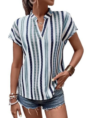 GORGLITTER Women's Striped Print Notched Neck Short Sleeve Blouse Top